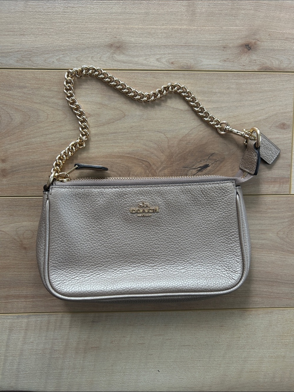Coach Mini Shoulder Bag in Taupe Gold with Gold Chain Strap
